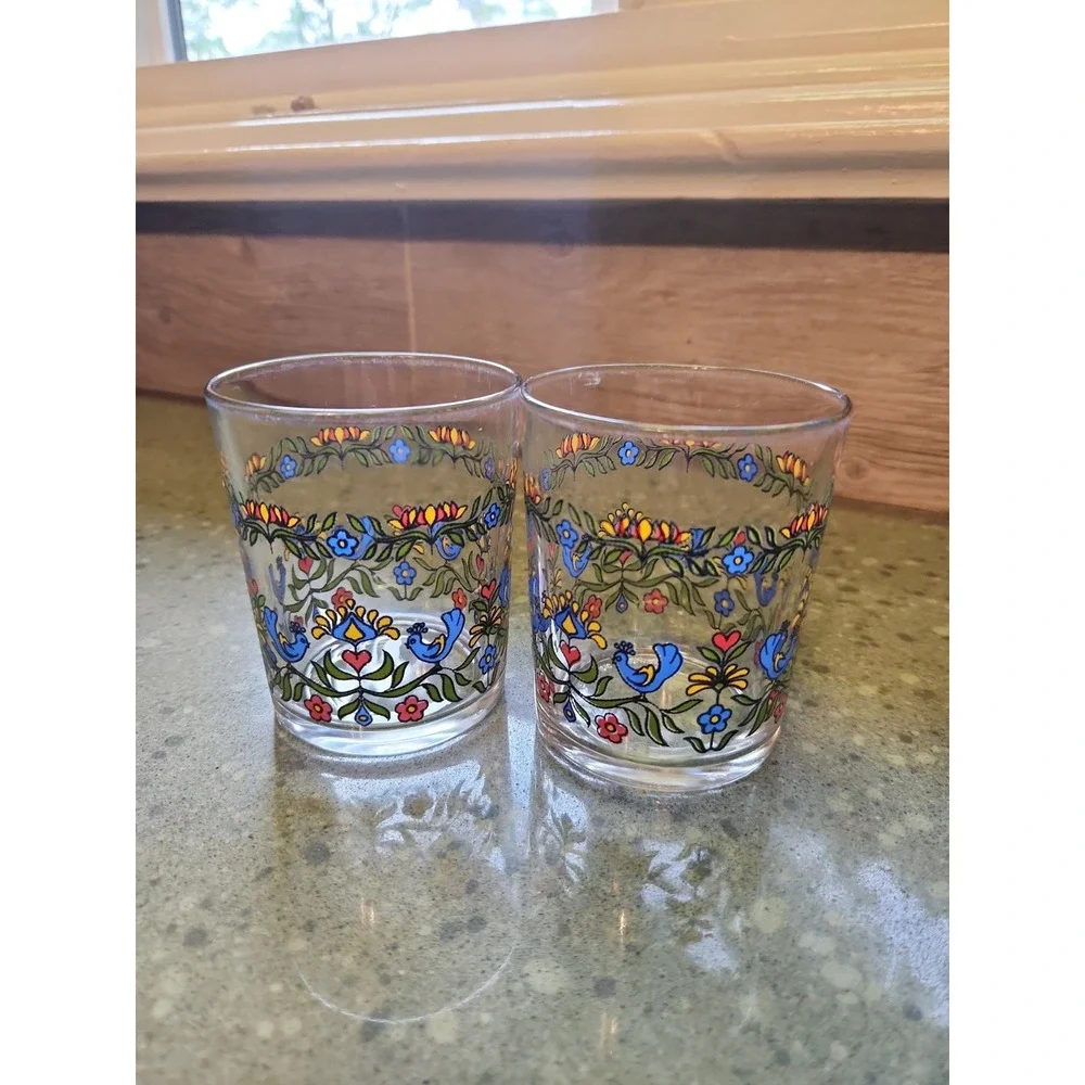 VTG 70s Arcoroc France Blue Bird Tumblers Glass Country Festival 3.5